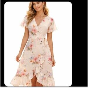 Acanela Expedition Women's Floral Wrap Midi Raffledi Dress Flutter Sleeve Size L